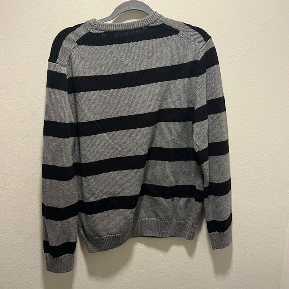Chaps Sweater Men's Medium 100% Cotton Gray Black Striped Long Sleeve Pullover - Picture 2 of 6